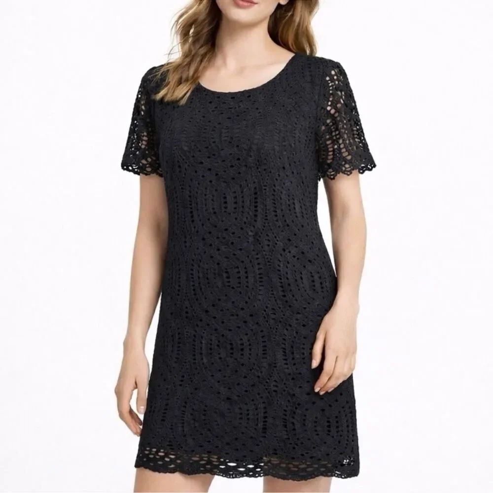 J. CREW Black Lace Eyelet Shift Dress Short Sleeve Classic Mini